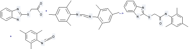 Acetic acid,2-(1H-benzimidazol-2-ylthio)- can react with N.N'-Dimesitylcarbodiimid to get 2-(1H-Benzoimidazol-2-ylsulfanyl)-N-(2,4,6-trimethyl-phenyl)-acetamide and 2-Isocyanato-1,3,5-trimethyl-benzene. 